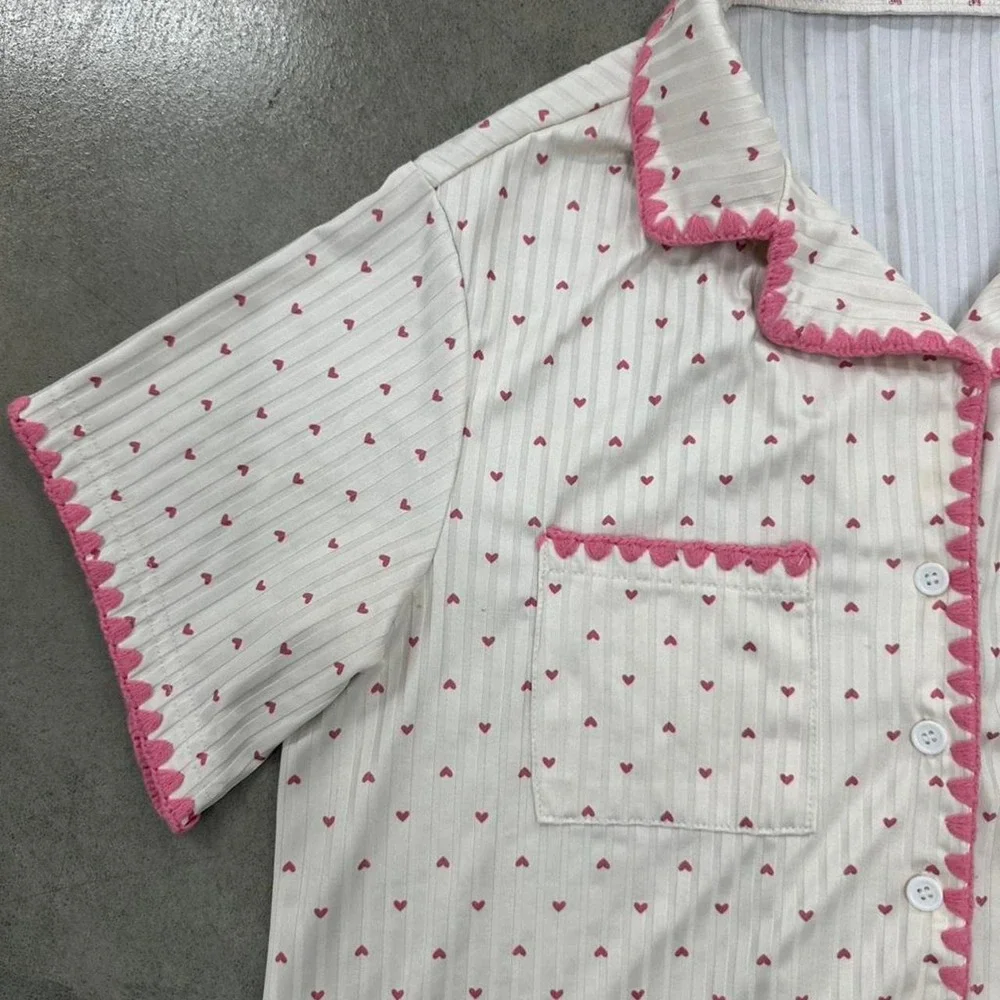 Coquette Pink Heart Ribbed Button Up Pajama Sleep Shirt Women's